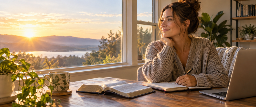 Woman beginning her morning with Scripture, reflection, and a virtual retreat