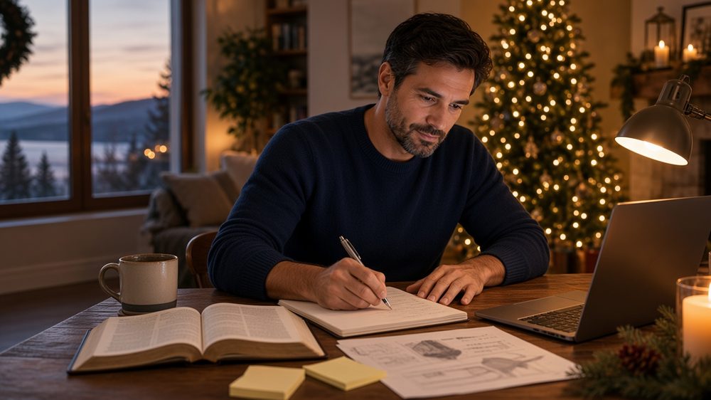 Man sketching plans in a notebook at a warm wooden desk