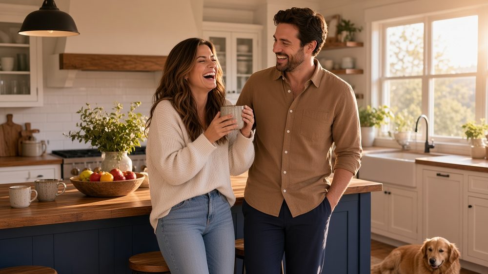 Couple laughing together in a sunlit kitchen