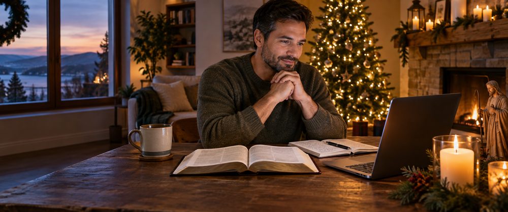 Man reflecting with Scripture beside warm Christmas lights during a virtual retreat