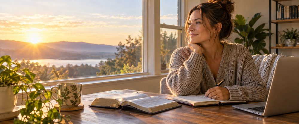 Woman beginning her morning with Scripture and reflection beside a sunrise window