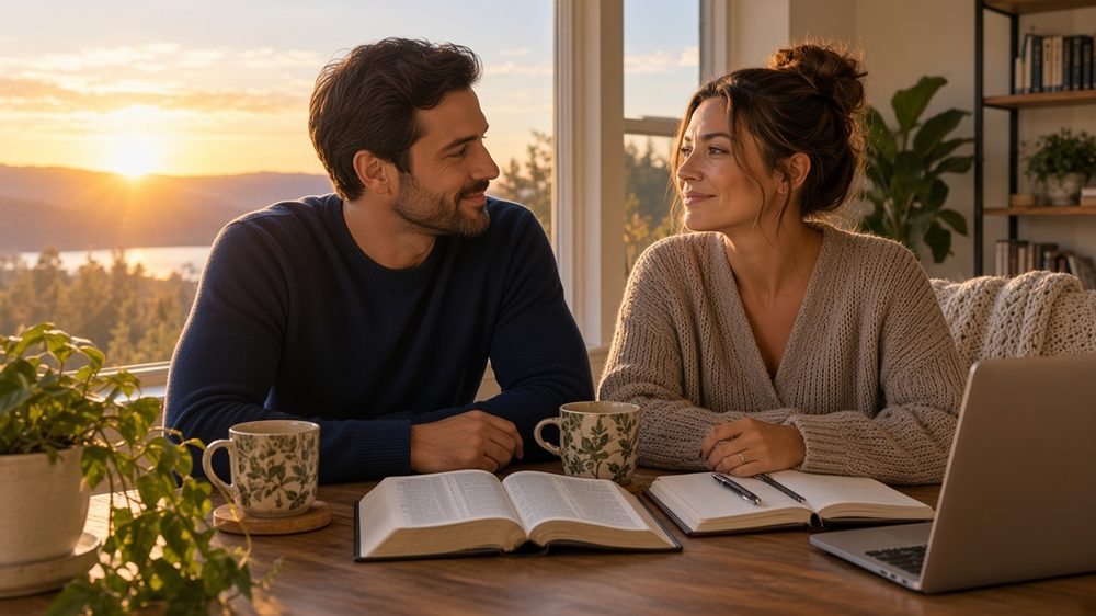 A man and woman talking over coffee, an open Bible and journal on the table