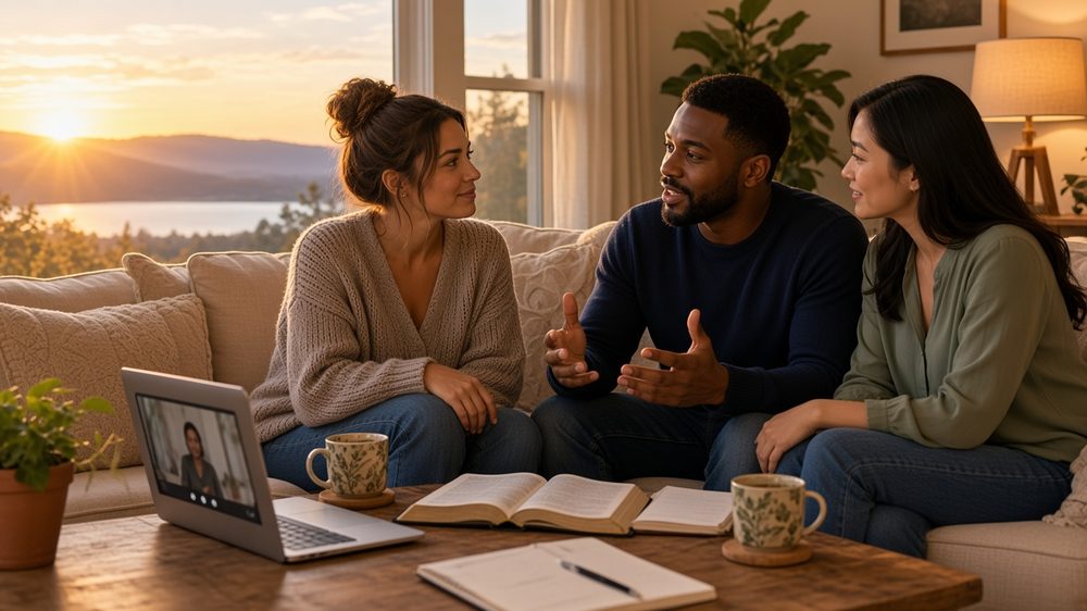 Three friends listening to one another in a warm living room