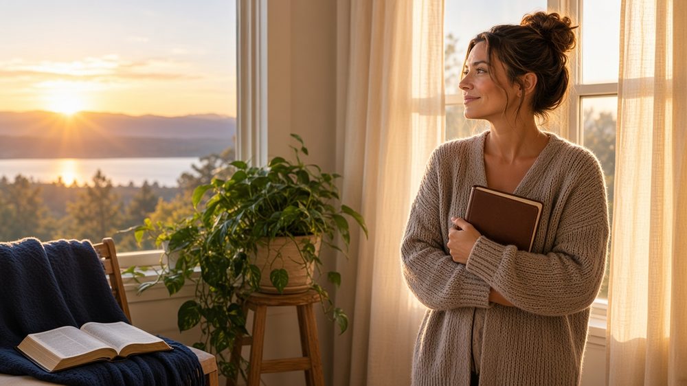 Woman standing at a sunlit window holding a journal