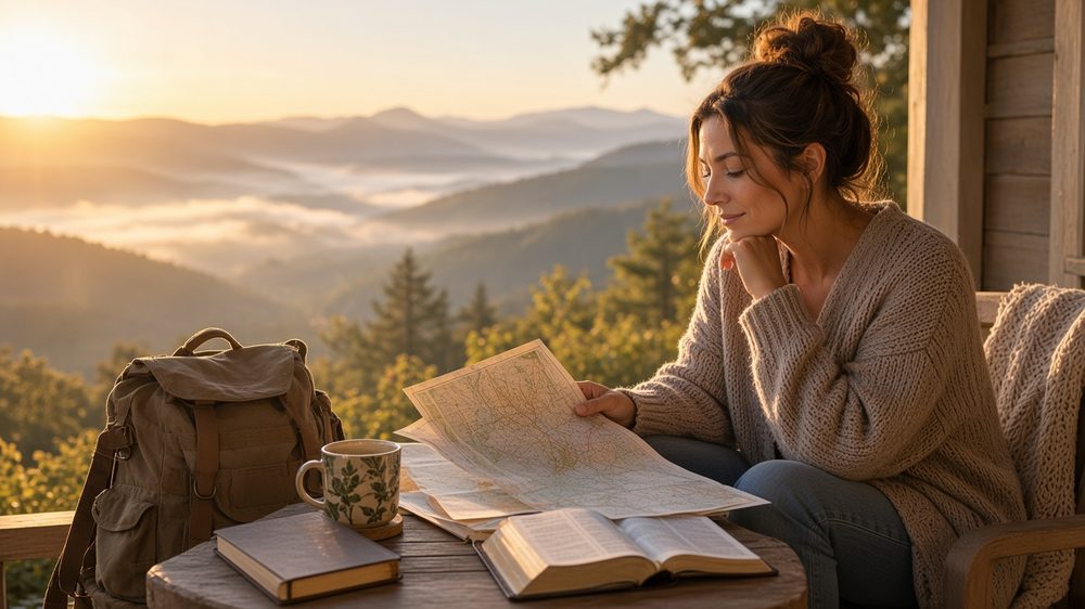 Young woman with a backpack studying a map on a porch at sunrise